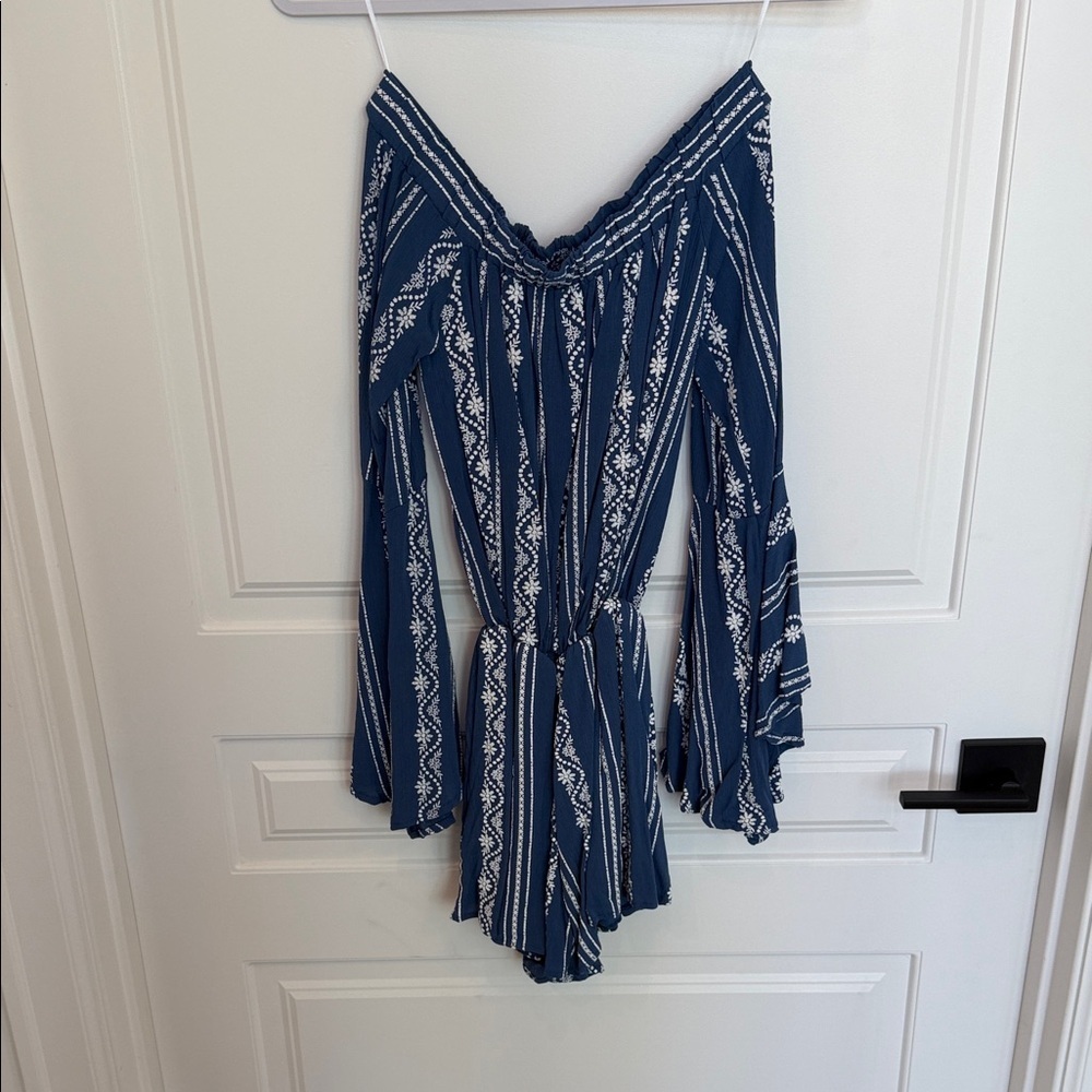 Sage Blue and White Off-Shoulder Romper